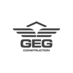 GEG Construction logo with abstract wings and roof symbol.